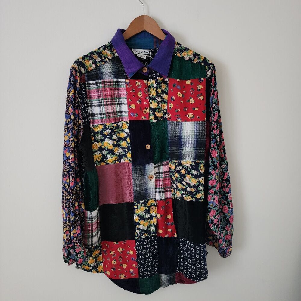 Fast Lane Womens Patchwork Button-Up Shirt Sz S/M Long Oversized Colorful Retro